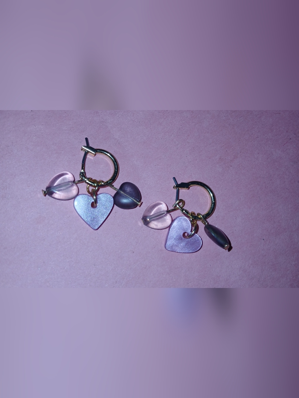 Hand Crafted Gold Hoop Earrings with Pink and Clear Heart Charms